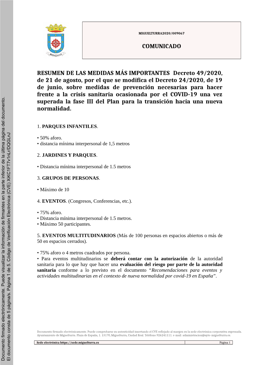 COMUNICADO RESUMEN DE LAS MEDIDAS MÁS IMPORTANTES Decreto 49/2020, De 21 De Agosto, Por El Que Se Modifica El Decreto 24/2020