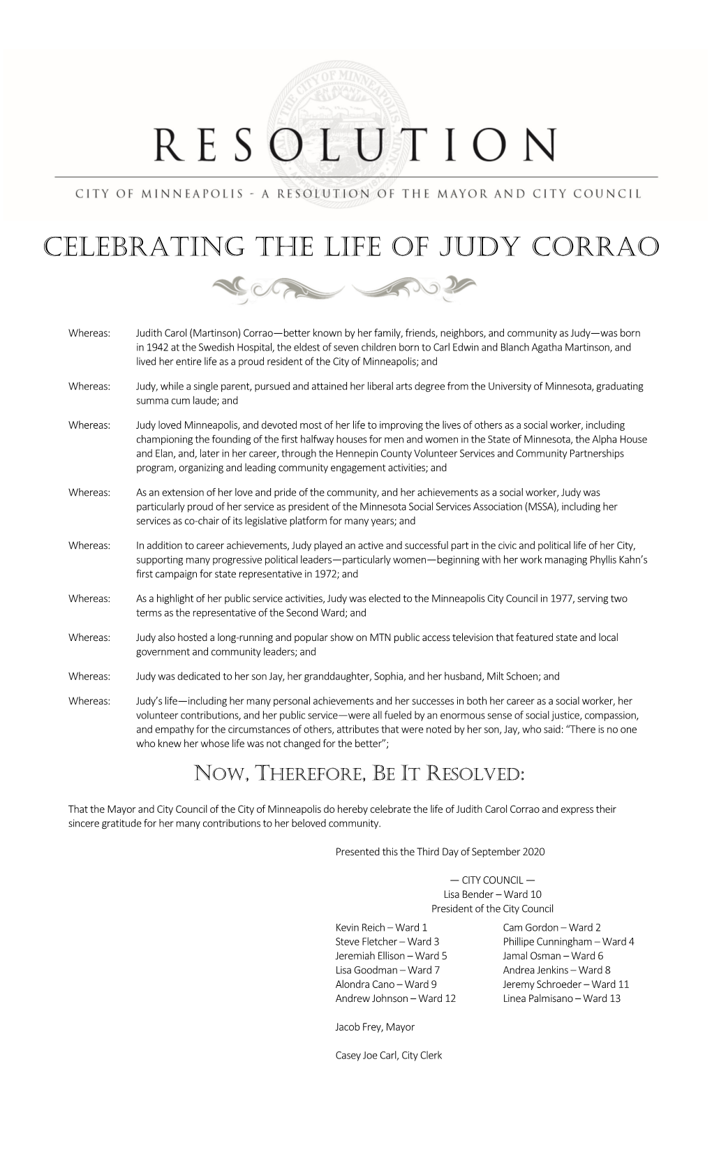 Judy Corrao Honorary Resolution