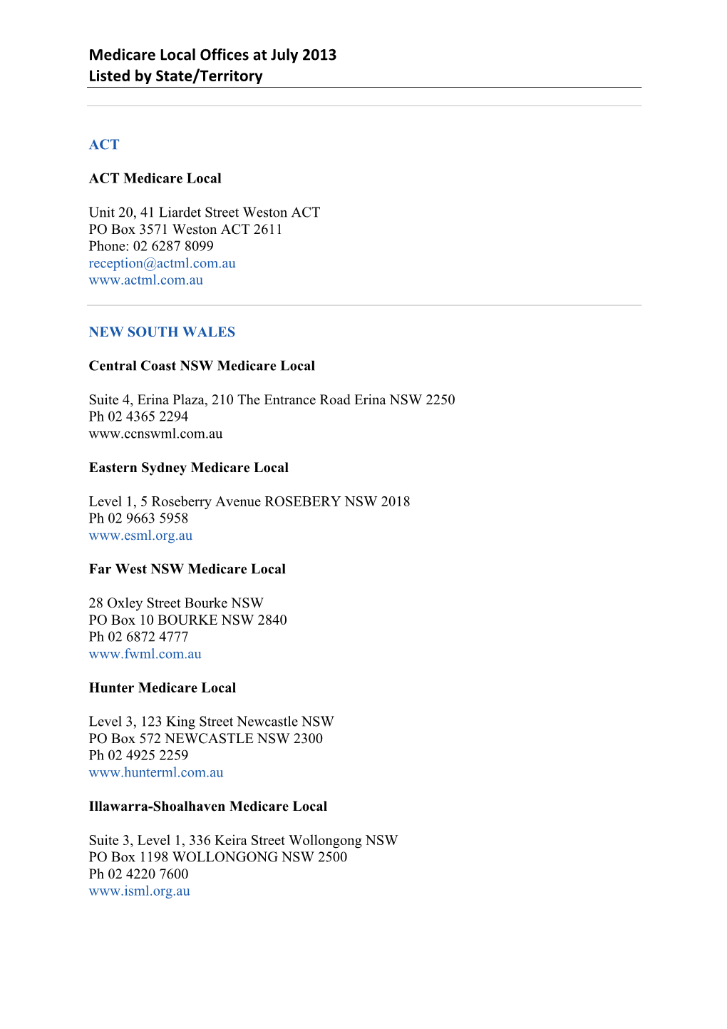 Medicare Local Offices at July 2013 Listed by State/Territory