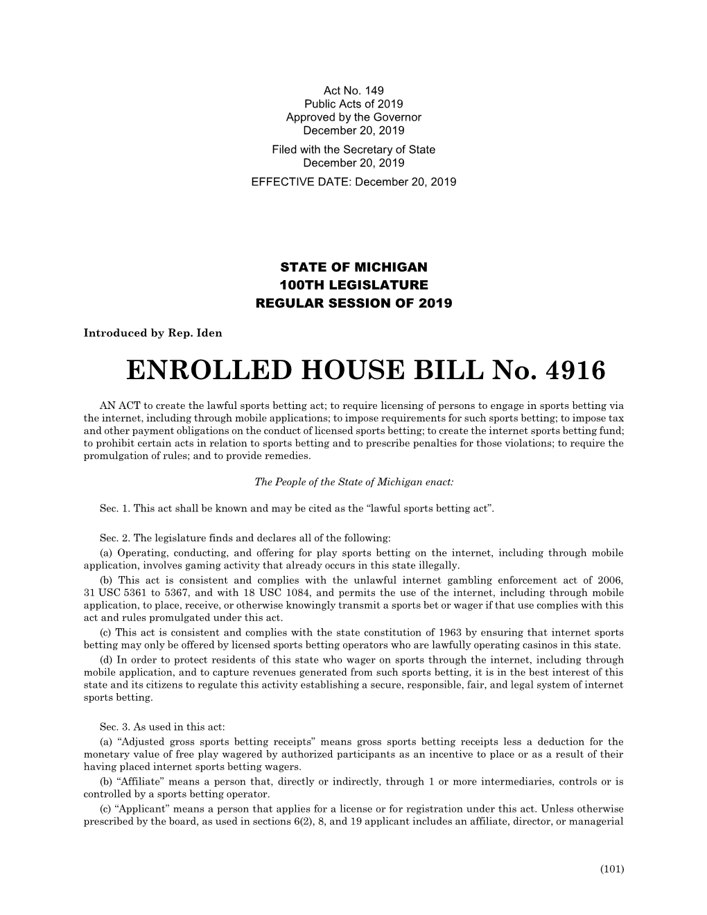 ENROLLED HOUSE BILL No. 4916