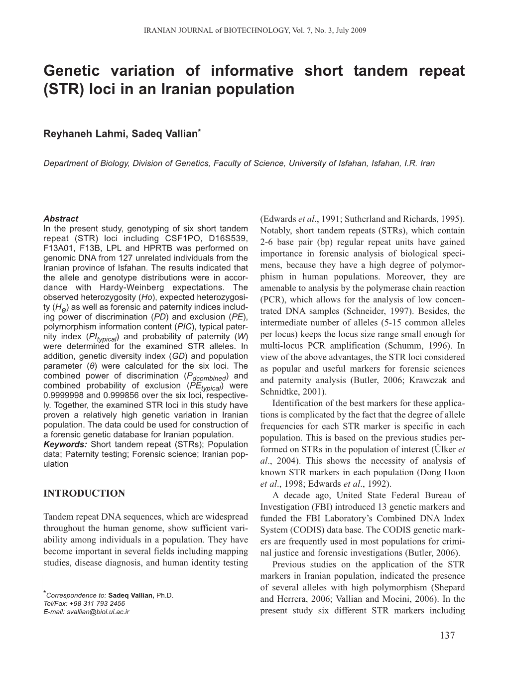 Genetic Variation of Informative Short Tandem Repeat (STR) Loci in an Iranian Population