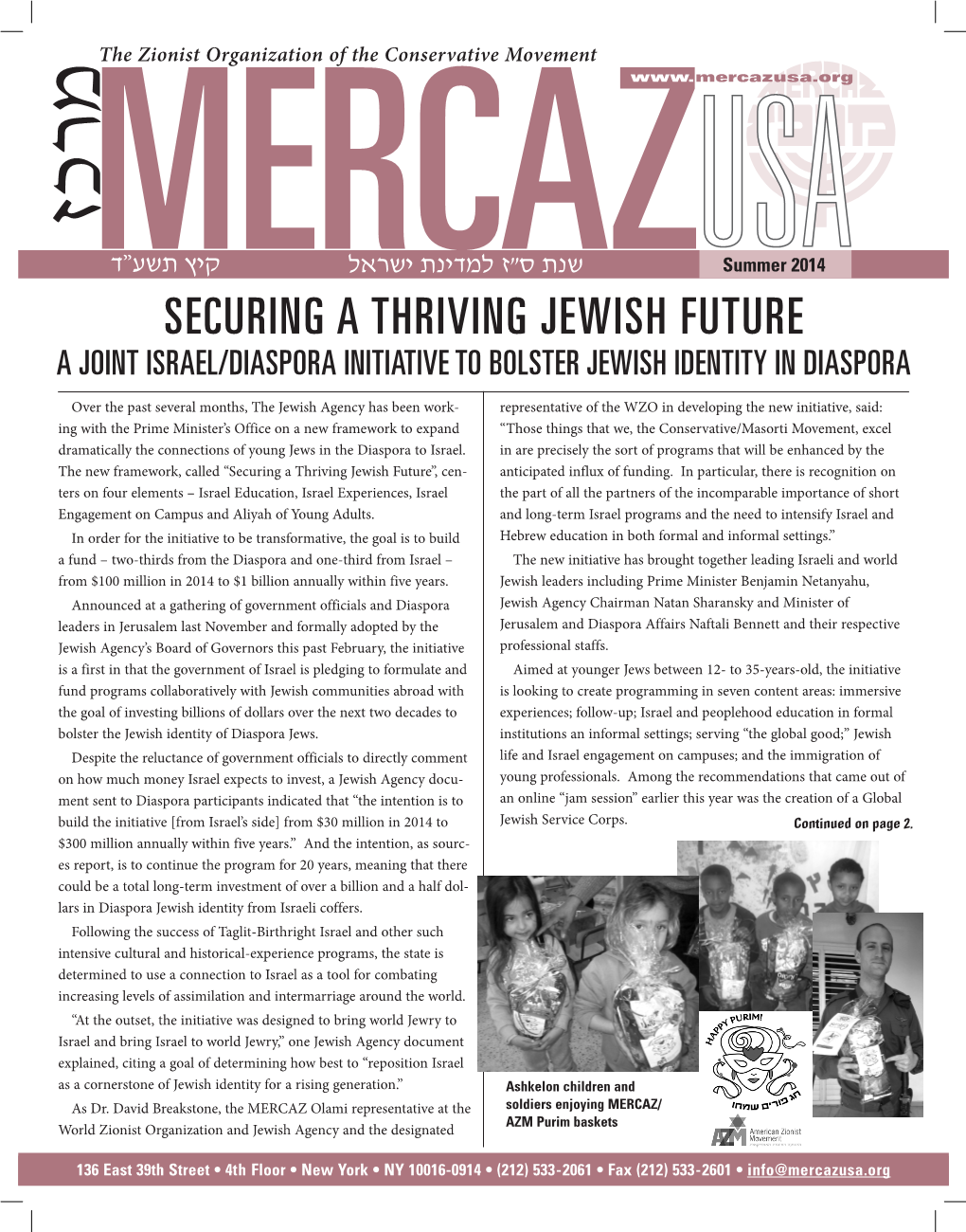 Securing a Thriving Jewish Future a Joint Israel/Diaspora Initiative to Bolster Jewish Identity in Diaspora