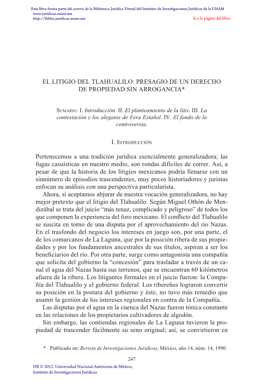 El Litigio Del Tlahualilo: Presagio De Un Derecho De Propiedad Sin Arrogancia*