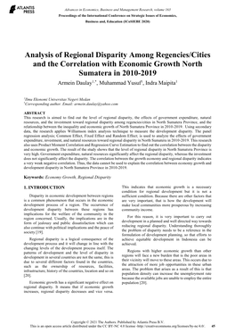 Analysis of Regional Disparity Among Regencies/Cities and The