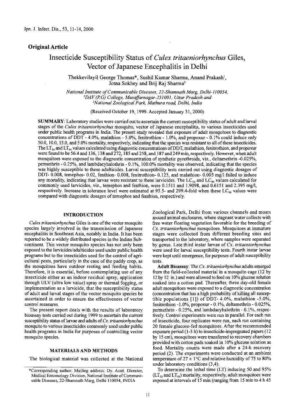 Insecticide Susceptibility Status of Culex Tritaeniorhynchus Giles