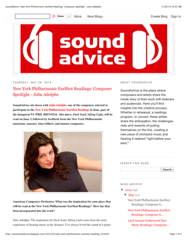 Soundadvice: New York Philharmonic Earshot Readings: Composer Spotlight - Julia Adolphe 5/30/14 10:01 AM