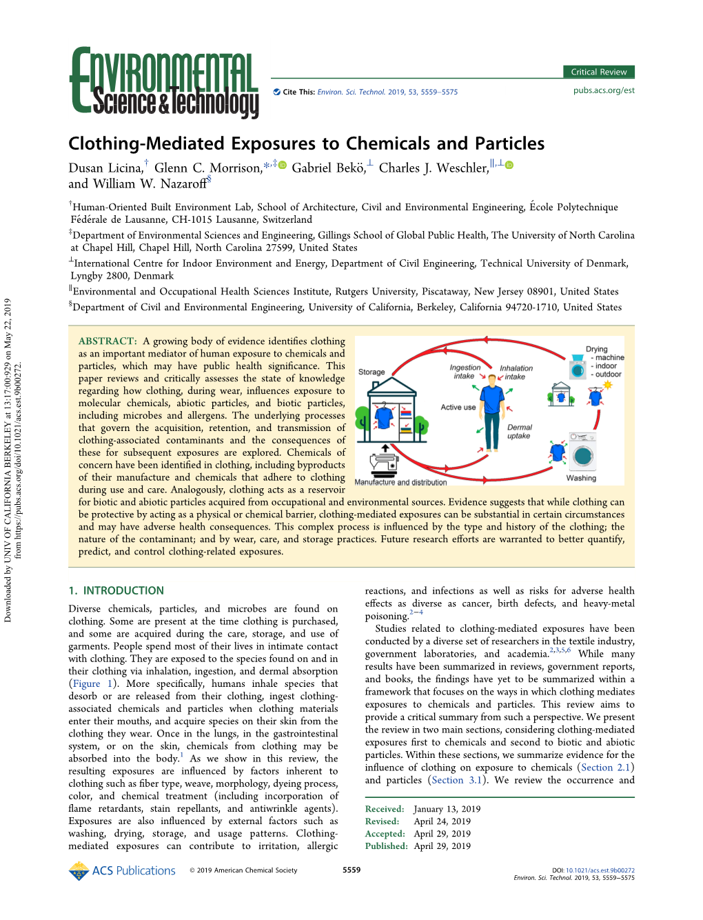Clothing-Mediated Exposures to Chemicals and Particles Dusan Licina,† Glenn C