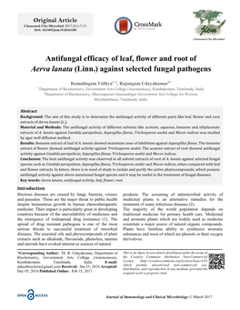 Antifungal Efficacy of Leaf, Flower and Root of Aerva Lanata (Linn.) Against Selected Fungal Pathogens