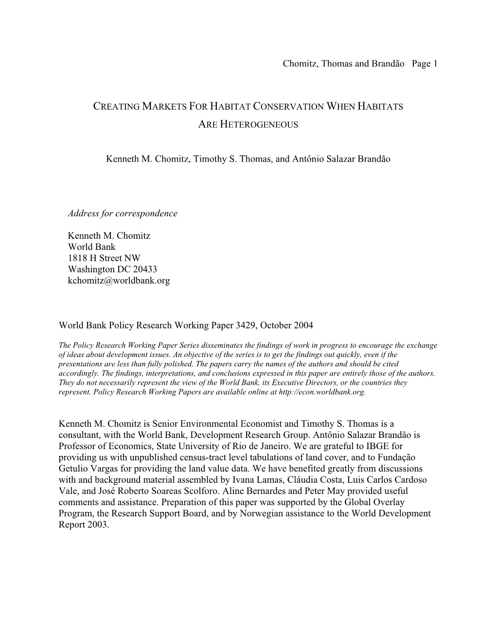 Chomitz, Thomas and Brandão Page 1 Kenneth M. Chomitz, Timothy S