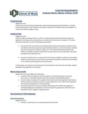 AUDITION REQUIREMENTS Graduate Degree, (Master of Music, M.M)
