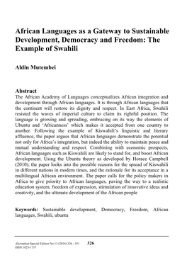 African Languages As a Gateway to Sustainable Development, Democracy and Freedom: the Example of Swahili