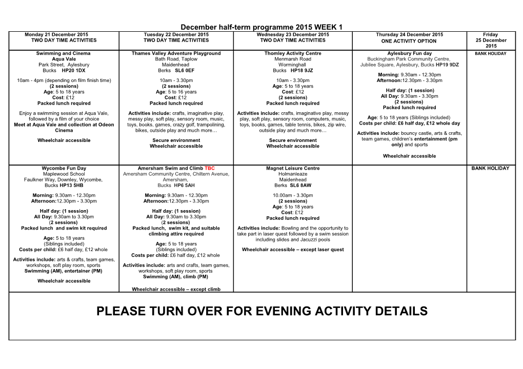 October Half Term Timetable