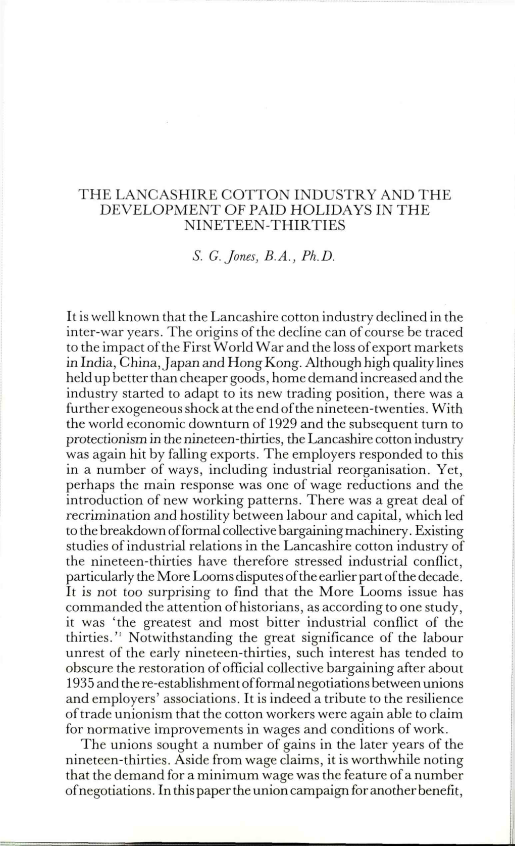 The Lancashire Cotton Industry and the Development of Paid Holidays in the Nineteen-Thirties