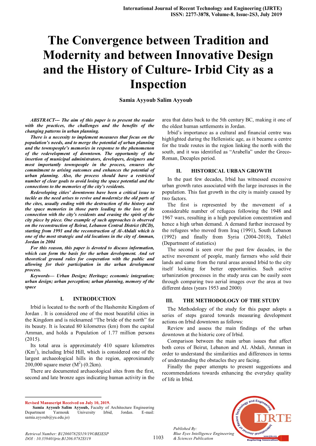 The Convergence Between Tradition and Modernity and Between Innovative Design and the History of Culture- Irbid City As a Inspection