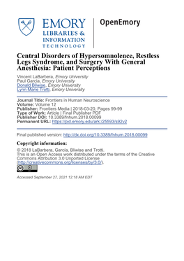 Central Disorders of Hypersomnolence, Restless Legs Syndrome, and Surgery with General Anesthesia: Patient Perceptions