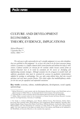 Culture and Development Economics: Theory, Evidence, Implications