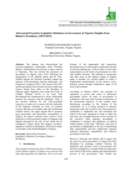 Adversarial Executive-Legislative Relations on Governance in Nigeria: Insights from Buhari’S Presidency (2015-2019)