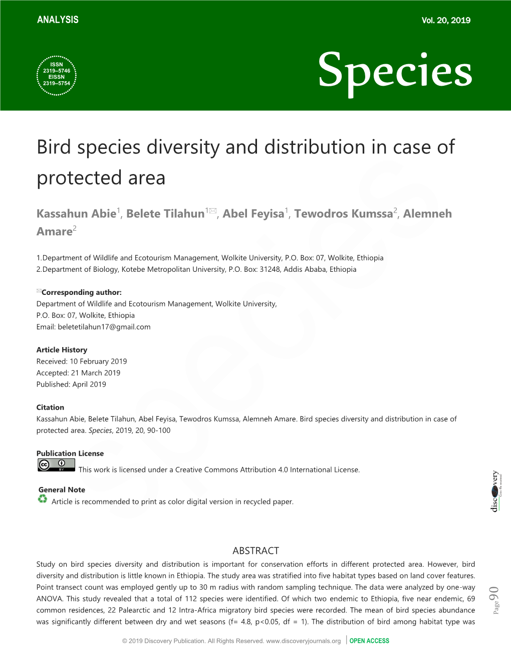 Bird Species Diversity and Distribution in Case of Protected Area