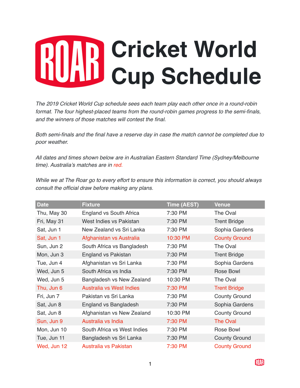 Printable Cricket World Cup Schedule 2019