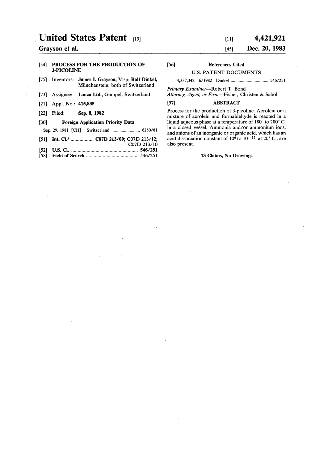 United States Patent [191 [11] 4,421,921 Grayson Et Al