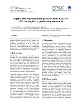 Organic Matter Preservation Potential at the Exomars 2020 Landing Site: a Preliminary Assessment