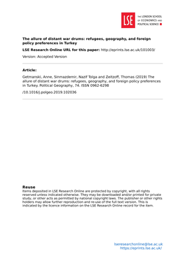 Refugees, Geography, and Foreign Policy Preferences in Turkey LSE Research Online URL for This Paper: Version: Accepted Version