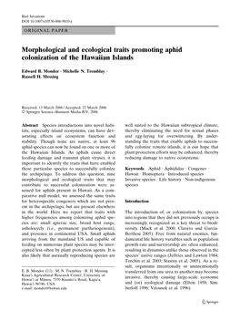 Morphological and Ecological Traits Promoting Aphid Colonization of the Hawaiian Islands