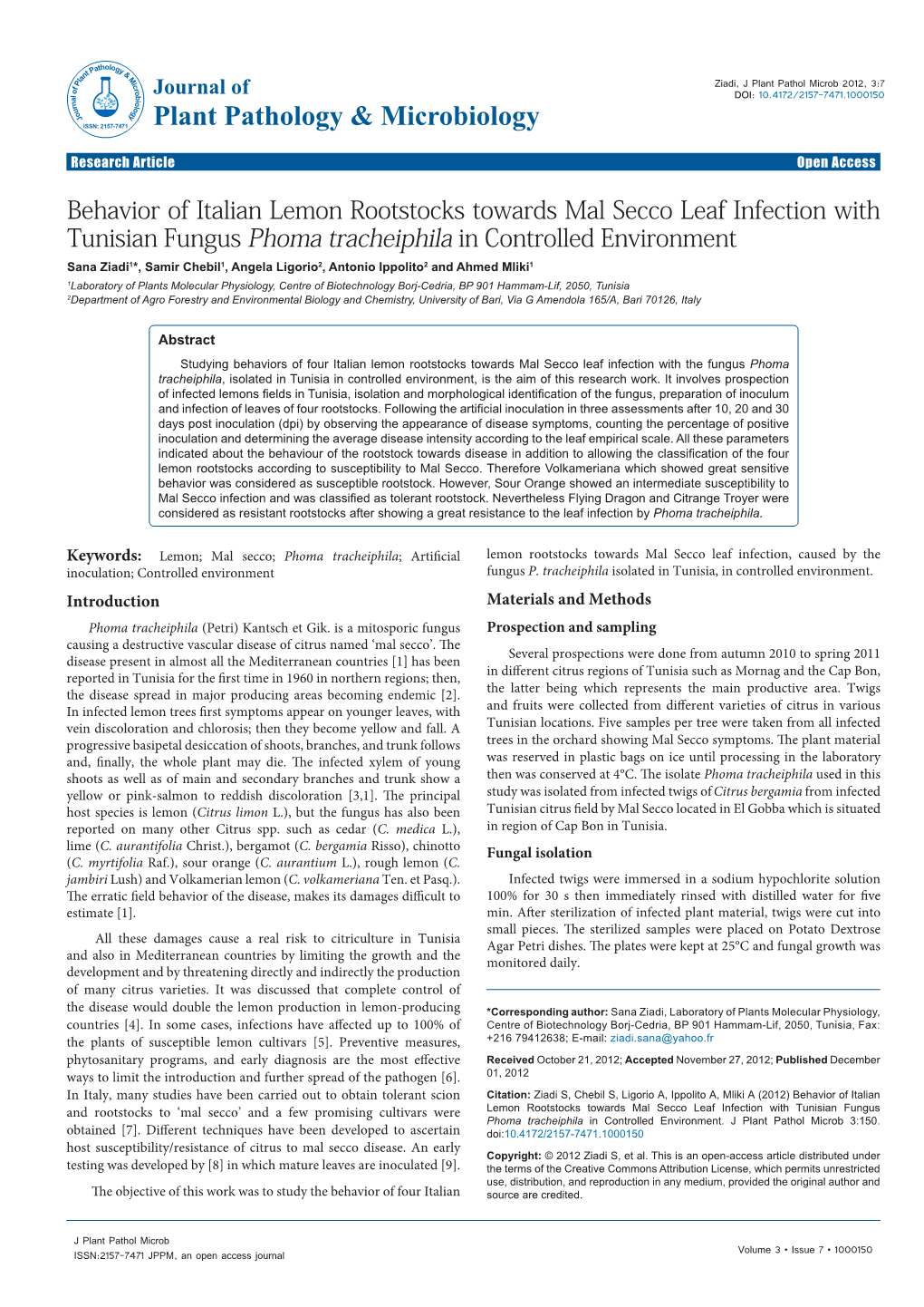 Behavior of Italian Lemon Rootstocks Towards Mal Secco Leaf Infection