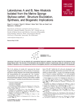 Latonduines a and B, New Alkaloids Isolated from the Marine Sponge