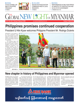 Philippines Promises Continued Cooperation President U Htin Kyaw Welcomes Philippine President Mr