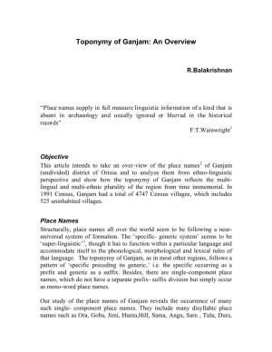 Toponymy of Ganjam: an Overview