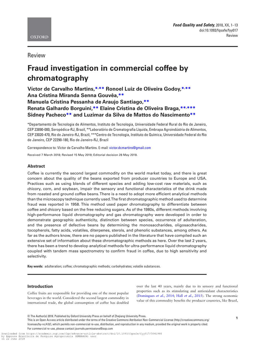 Fraud Investigation in Commercial Coffee by Chromatography