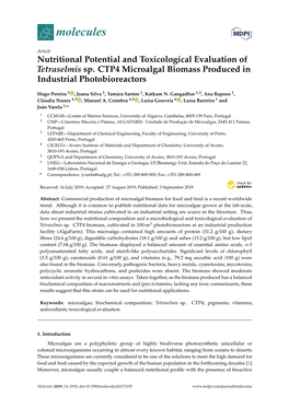 Nutritional Potential and Toxicological Evaluation of Tetraselmis Sp. CTP4 Microalgal Biomass Produced in Industrial Photobioreactors