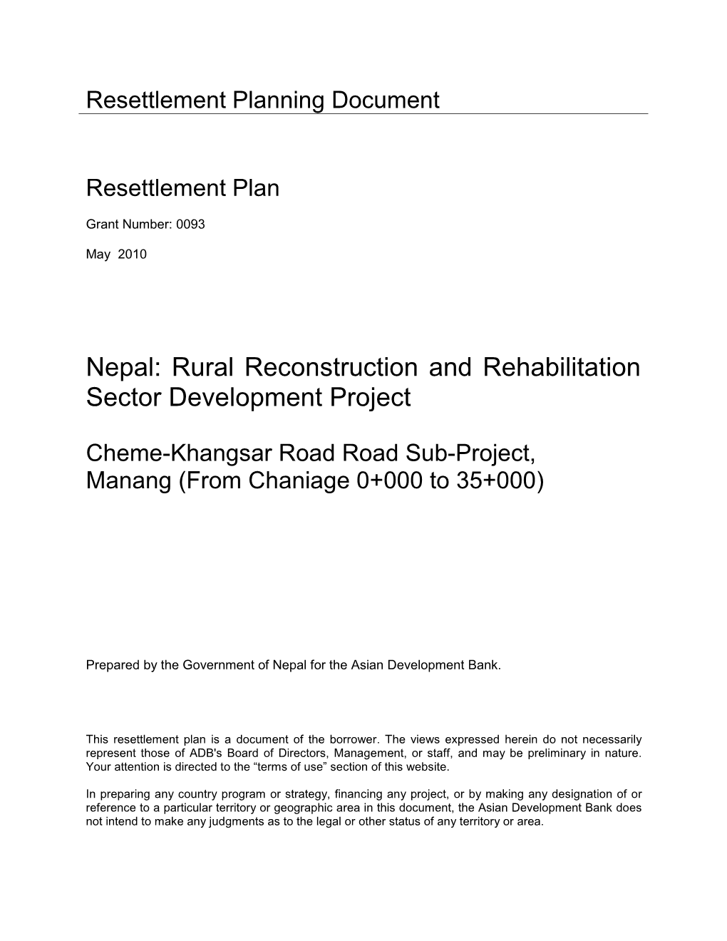 40554-022: Cheme-Khangsar Road Road Sub-Project Resettlement Plan