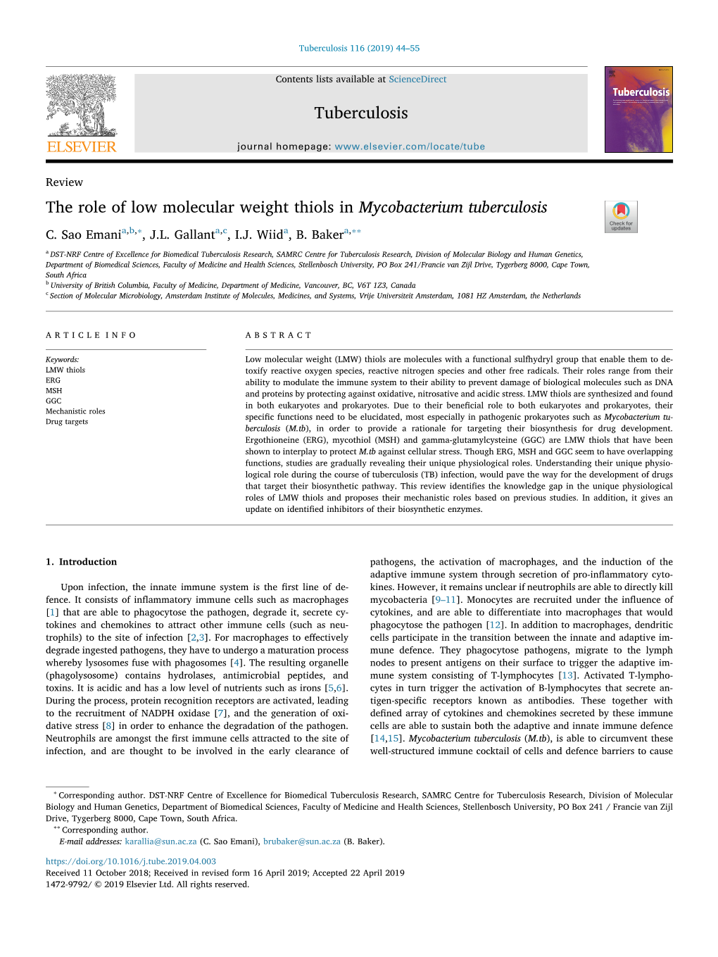 The Role of Low Molecular Weight Thiols in Mycobacterium Tuberculosis T ∗ ∗∗ C