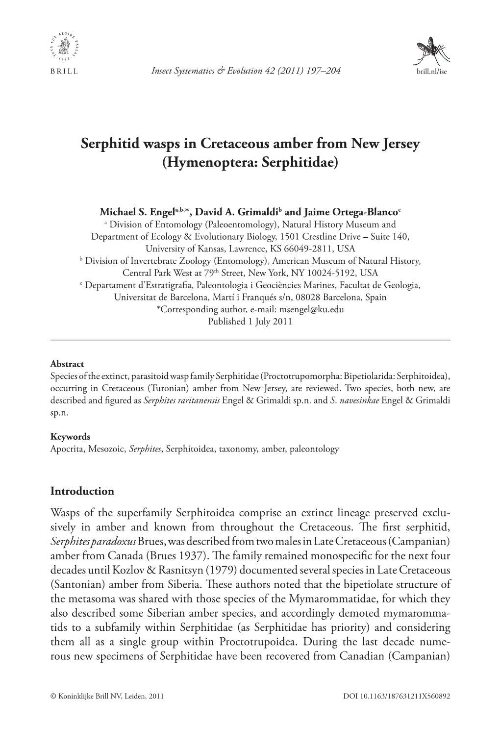 Serphitid Wasps in Cretaceous Amber from New Jersey (Hymenoptera: Serphitidae)