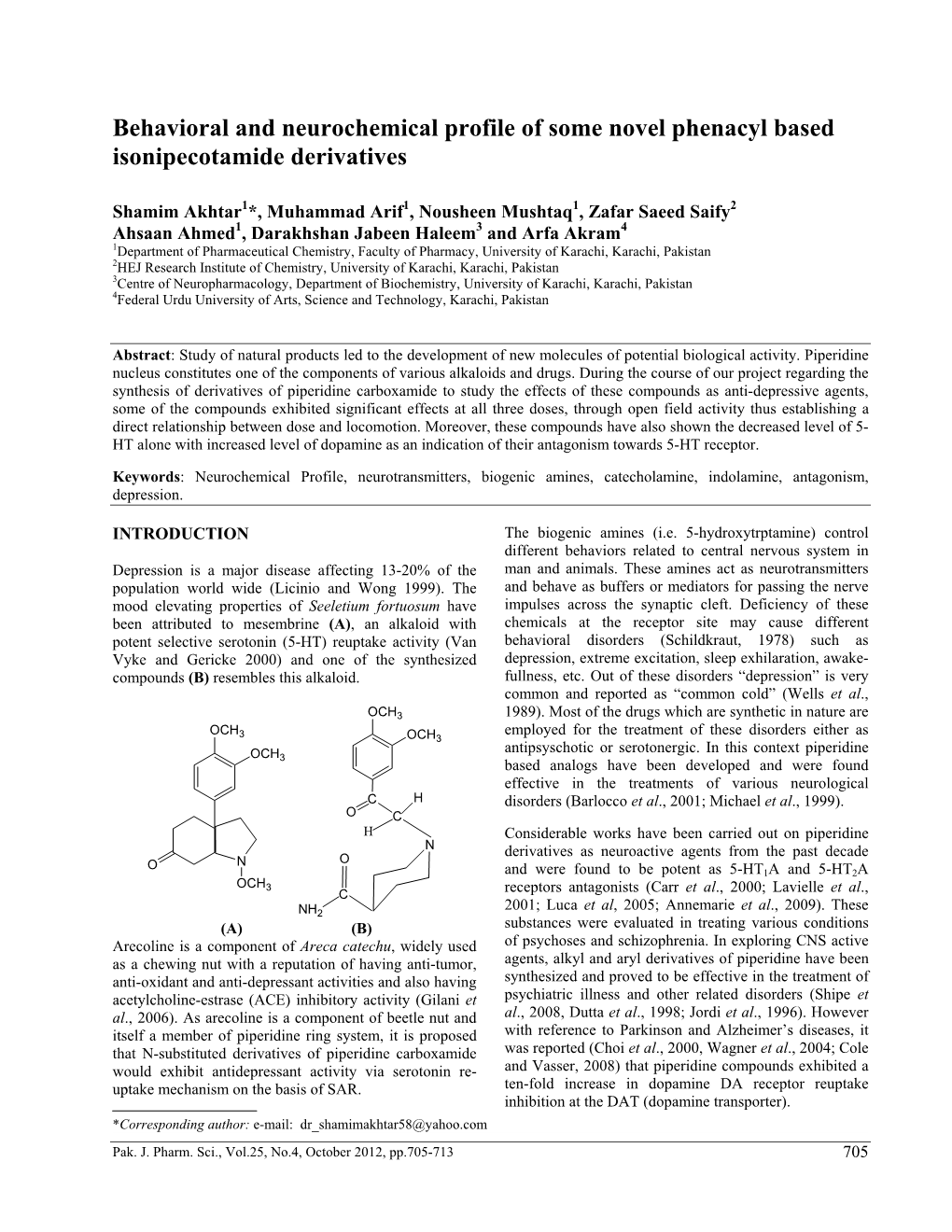 Behavioral and Neurochemical Profile of Some Novel Phenacyl Based Isonipecotamide Derivatives