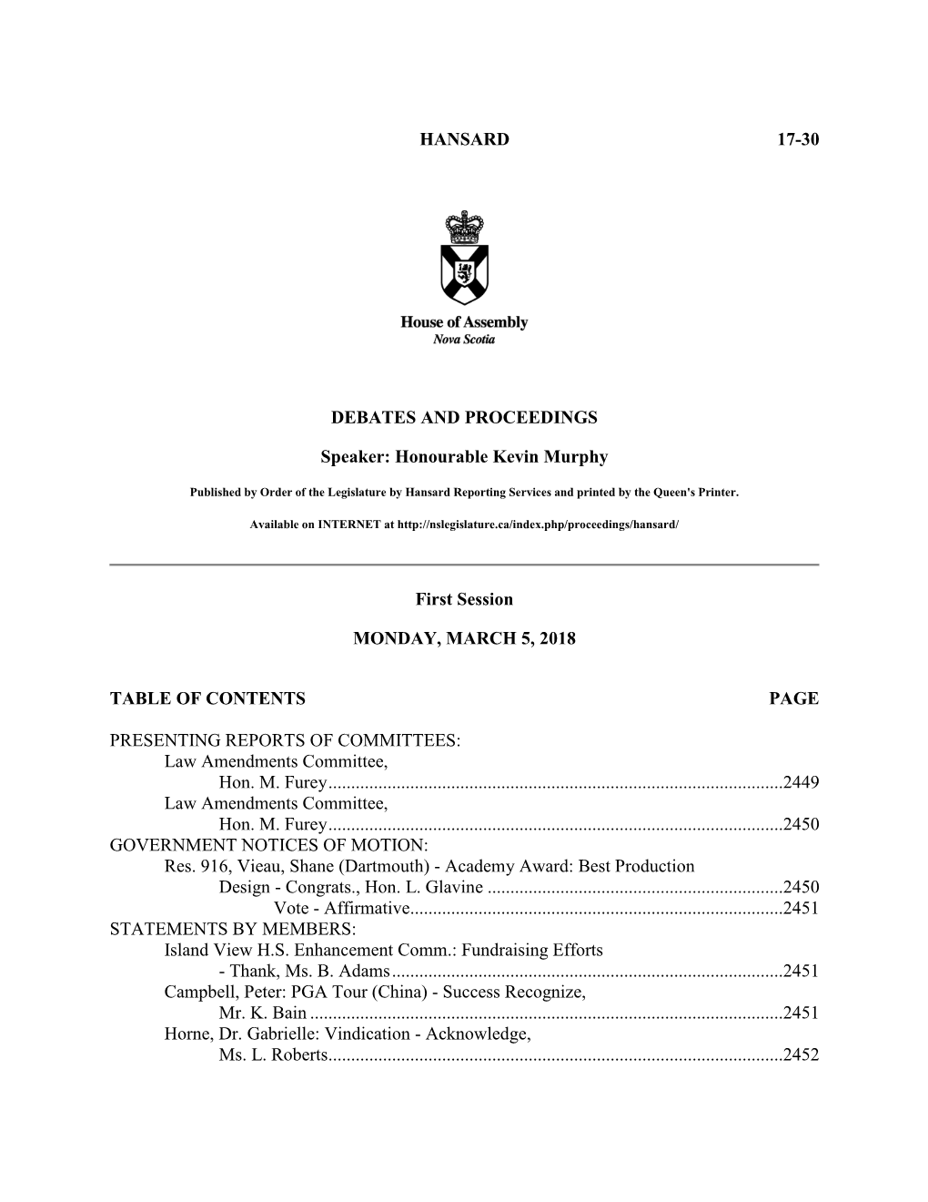 HANSARD 17-30 DEBATES and PROCEEDINGS Speaker