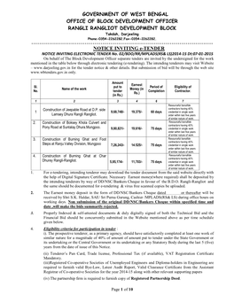 GOVERNMENT of WEST BENGAL OFFICE of BLOCK DEVELOPMENT OFFICER RANGLI RANGLIOT DEVELOPMENT BLOCK Takdah, Darjeeling Phone-0354-2262282.Fax-0354-2262282