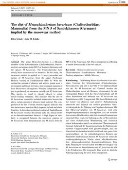 The Diet of Metaschizotherium Bavaricum (Chalicotheriidae, Mammalia) from the MN 5 of Sandelzhausen (Germany) Implied by the Mesowear Method