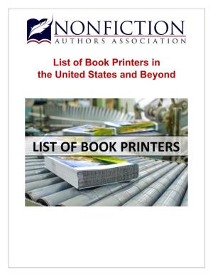 List of Book Printers in the United States and Beyond