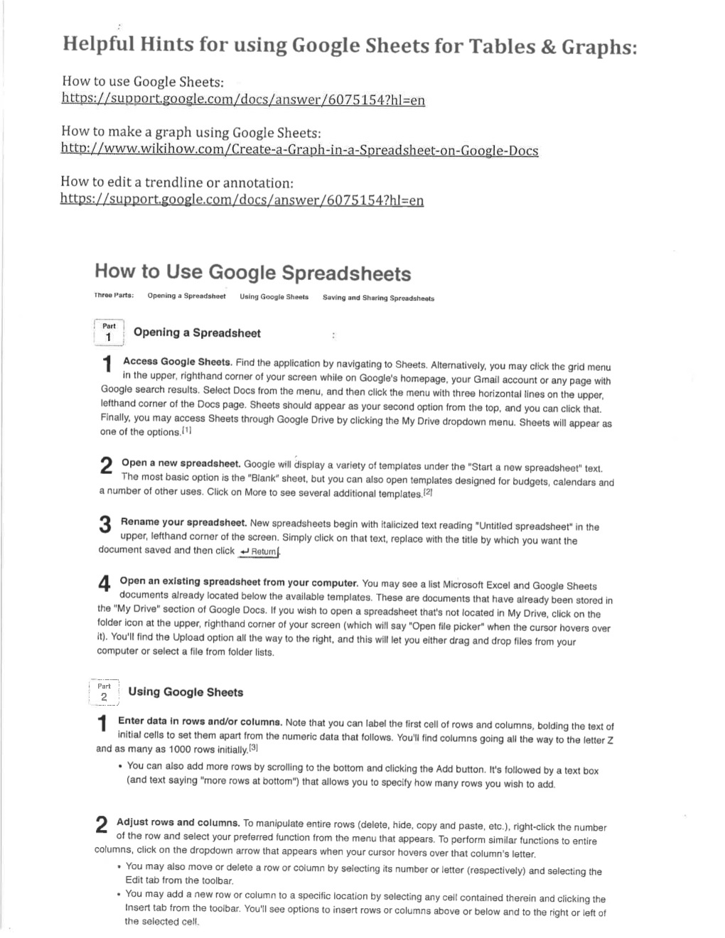 Helpful Hints for Using Google Sheets for Tables & Graphs