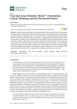 “Can East Asian Students Think?”: Orientalism, Critical Thinking, and the Decolonial Project