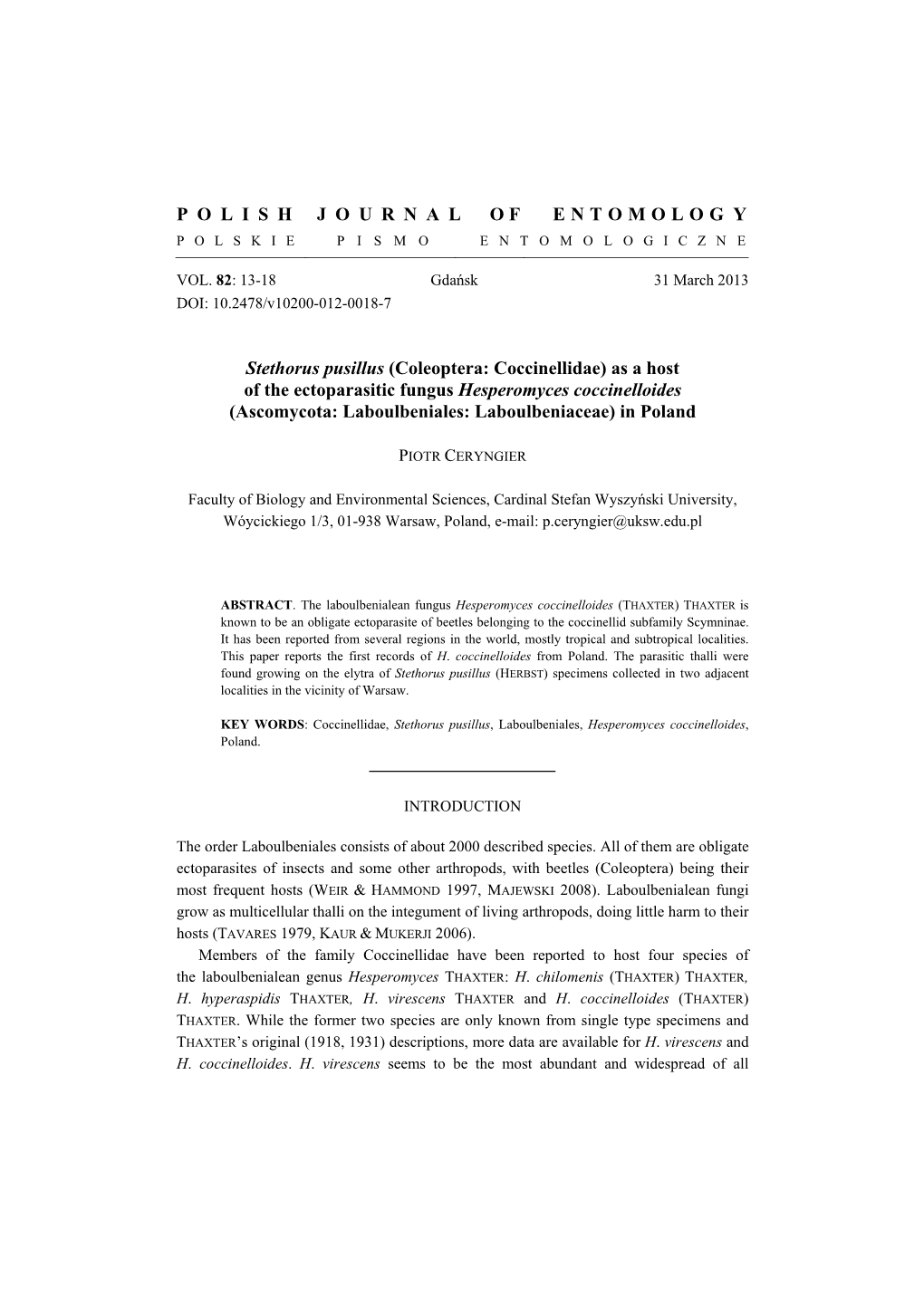 Coleoptera: Coccinellidae) As a Host of the Ectoparasitic Fungus Hesperomyces Coccinelloides (Ascomycota: Laboulbeniales: Laboulbeniaceae) in Poland