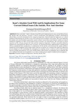 Kant's Absolute Good Will and Its Implications for Some Current