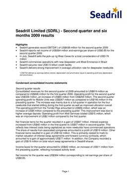 Seadrill Limited (SDRL) - Second Quarter and Six Months 2009 Results