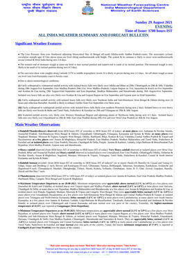 1700 Hours IST ALL INDIA WEATHER SUMMARY and FORECAST BULLETIN Significant Weather