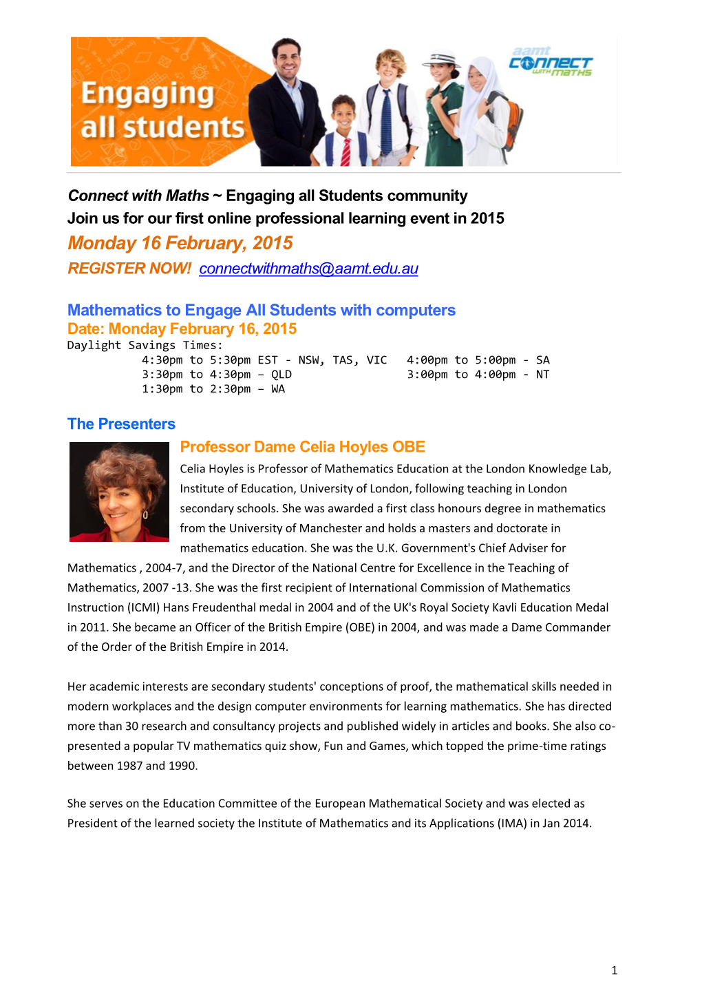 Monday 16 February, 2015 REGISTER NOW! Connectwithmaths@Aamt.Edu.Au