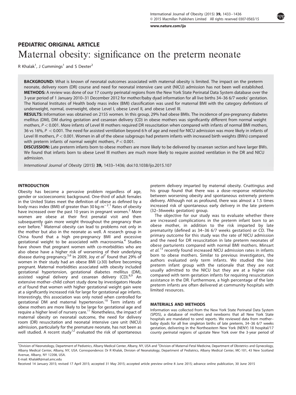 Maternal Obesity: Significance on the Preterm Neonate