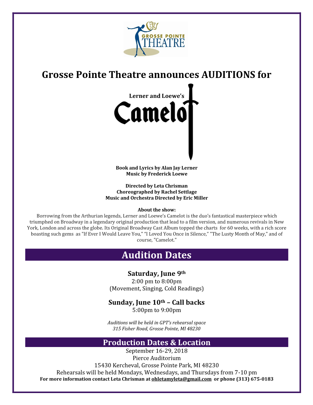 Grosse Pointe Theatre Announces AUDITIONS for Audition Dates